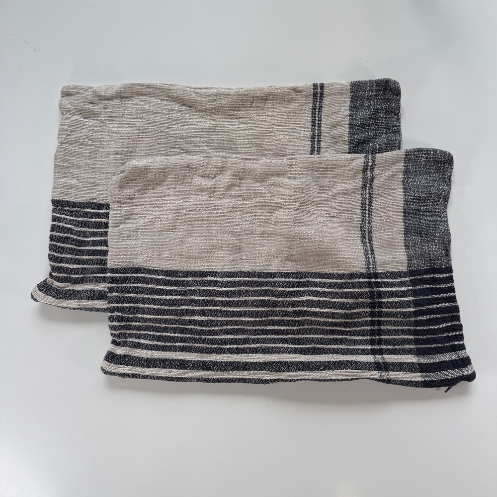 CRATE & BARREL 2 Pc Stilyagy Slubby Plaid Accent Pillow Cover Deep Indigo 22x15
